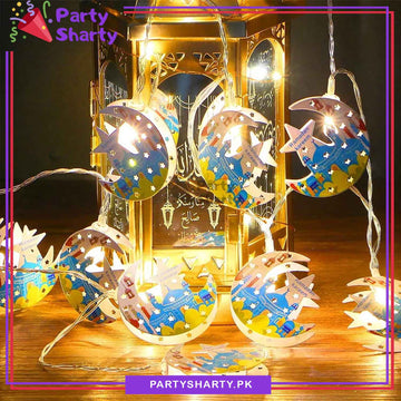 Ramadan Kareem Printed Crescent With Star Shaped Led Metal String Light For Ramadan Decoration And Celebration